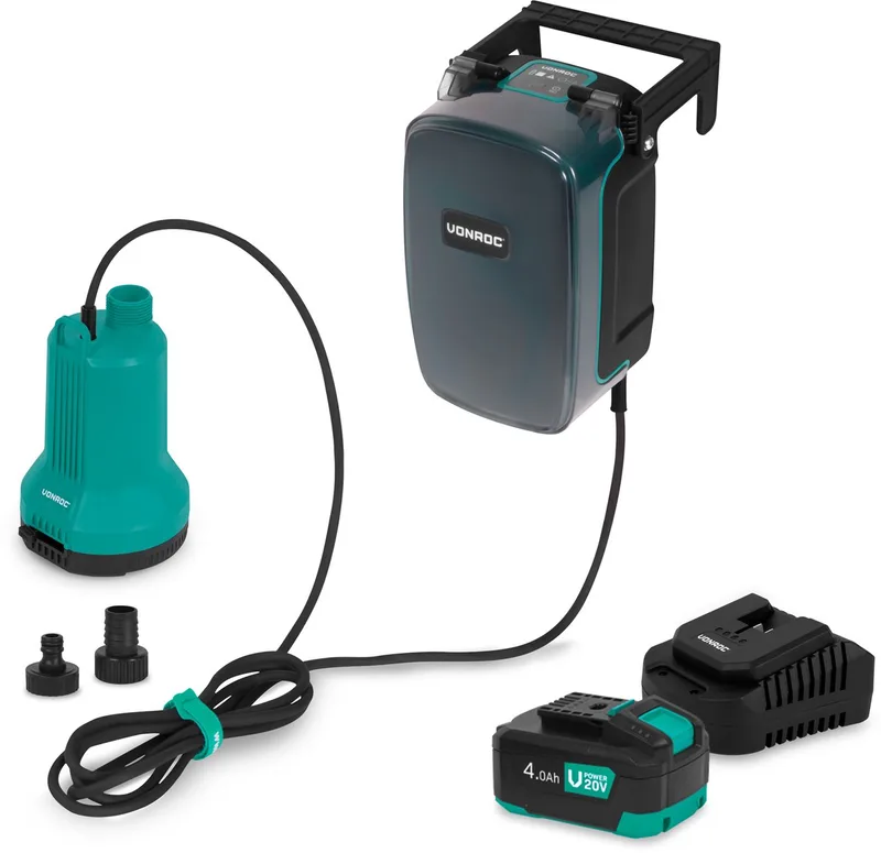 Accu Dompelpomp 20V - 90W – 4.500 l/h, 0,8 bar – vlakzuigend tot 1mm – schoonwater - Incl. 4.0Ah accu en snellader de VONROC – image du produit