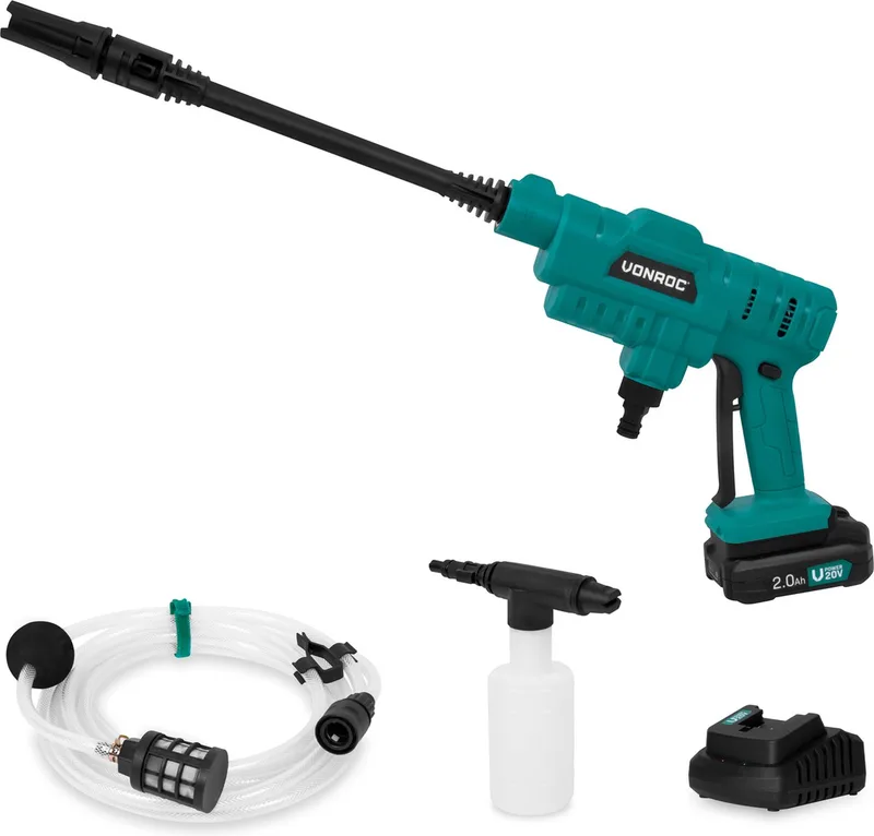 Accu drukreiniger 20V – 24bar – 198 l/h - Incl. 5m aanzuigslang, reinigingsmiddelenfles en regelbare spuitmond – Incl. 2.0Ah Accu en Snellader de VONROC – image du produit