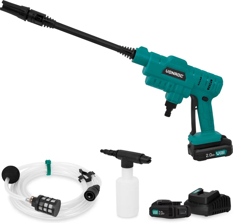Accu drukreiniger 20V – 24bar – 198 l/h - Incl. 5m aanzuigslang, reinigingsmiddelenfles en regelbare spuitmond – Incl. 2x 2.0Ah Accu en Snellader van VONROC – productafbeelding
