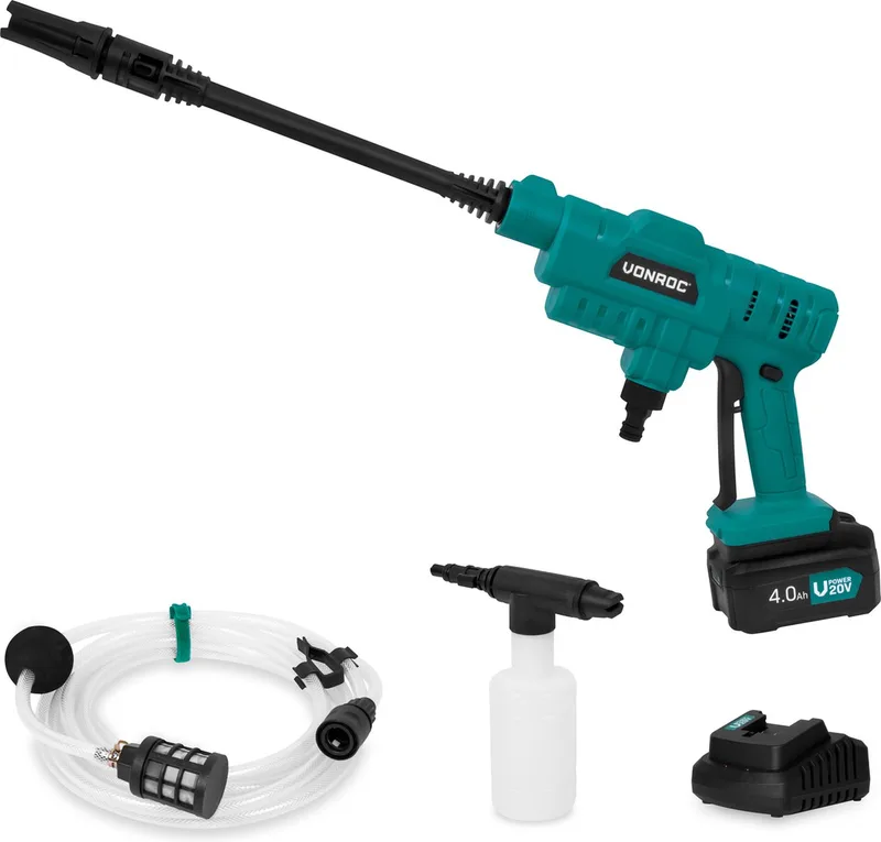 Accu drukreiniger 20V – 24bar – 198 l/h - Incl. 5m aanzuigslang, reinigingsmiddelenfles en regelbare spuitmond – Incl. 4.0Ah Accu en Snellader by VONROC – product image