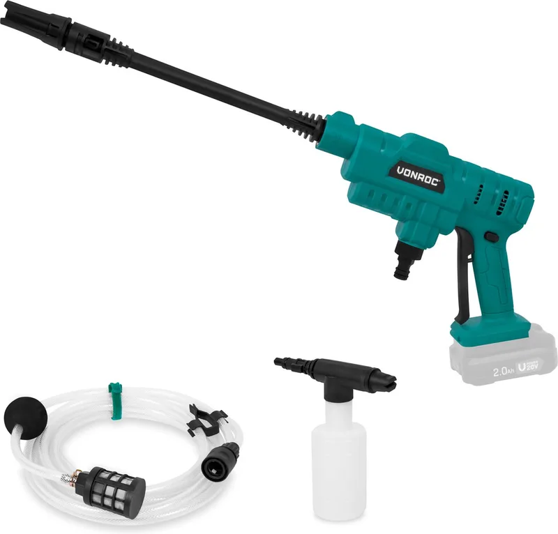 Accu drukreiniger 20V – 24bar – 198 l/h - Incl. 5m aanzuigslang, reinigingsmiddelenfles en regelbare spuitmond – Zonder accu & lader van VONROC – productafbeelding