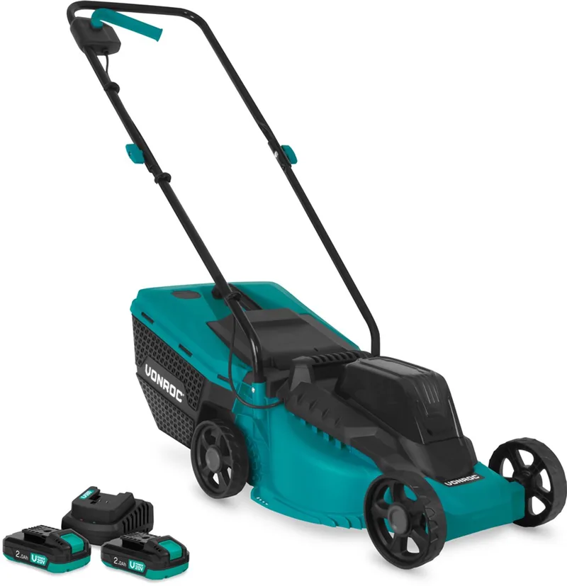 Accu Grasmaaier 20V – 32 cm maaibreedte - Borstelloze motor - Drie instelbare maai-hoogtes: 30/50/70 mm - Incl. 30L Opvangbak - Incl. 2x 2.0Ah Accu en snellader by VONROC – product image