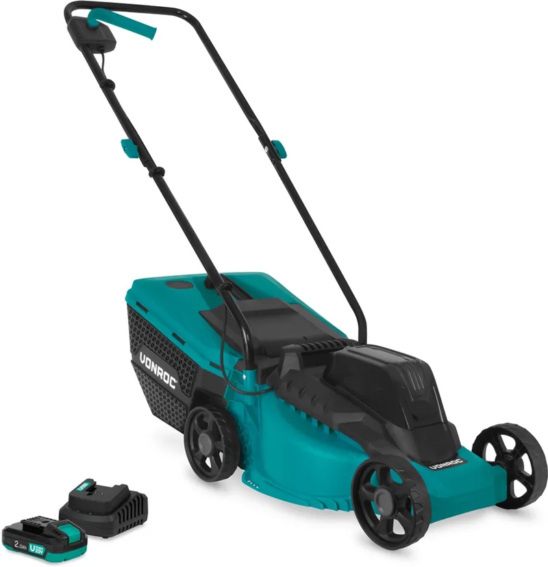 Accu Grasmaaier 20V – 32 cm maaibreedte - Borstelloze motor - Drie instelbare maai-hoogtes: 30/50/70 mm - Incl. 30L Opvangbak - Incl. 2.0Ah Accu en snellader by VONROC – product image