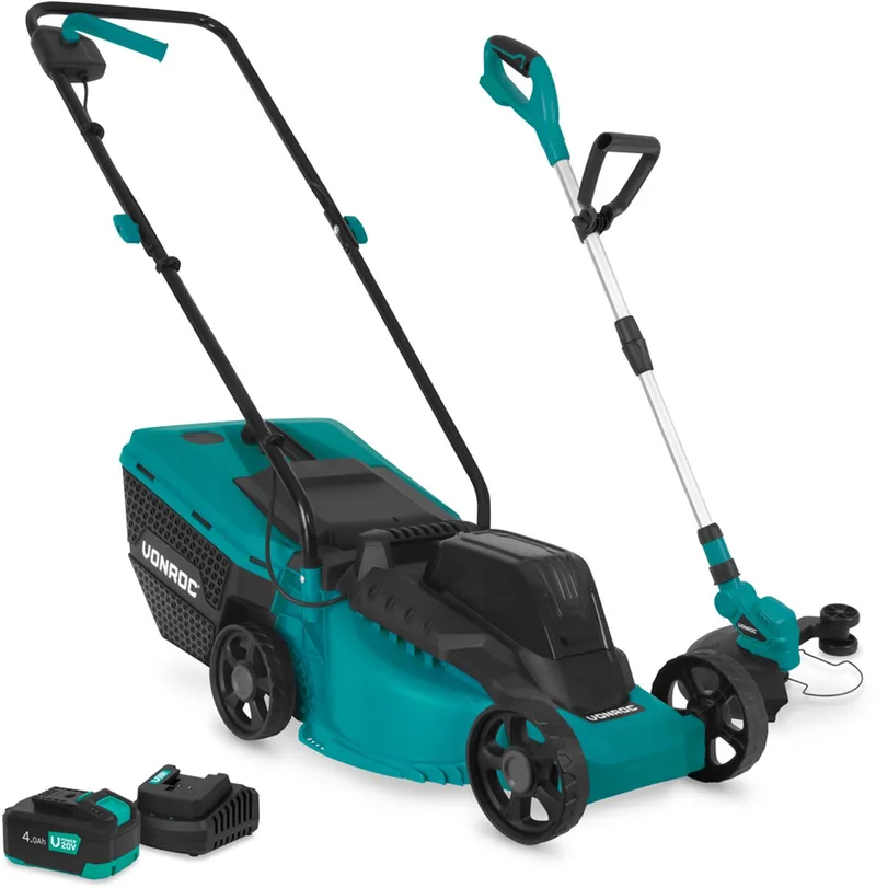 Accu Grasmaaier 20V en Grastrimmer 20V - Complete Set - 32 cm maaibreedte - Borstel-loze motor - Drie instelbare maaihoogtes: 30/50/70 mm - Incl. 30L Opvangbak - Incl. 4.0Ah Accu en snellader de VONROC – image du produit