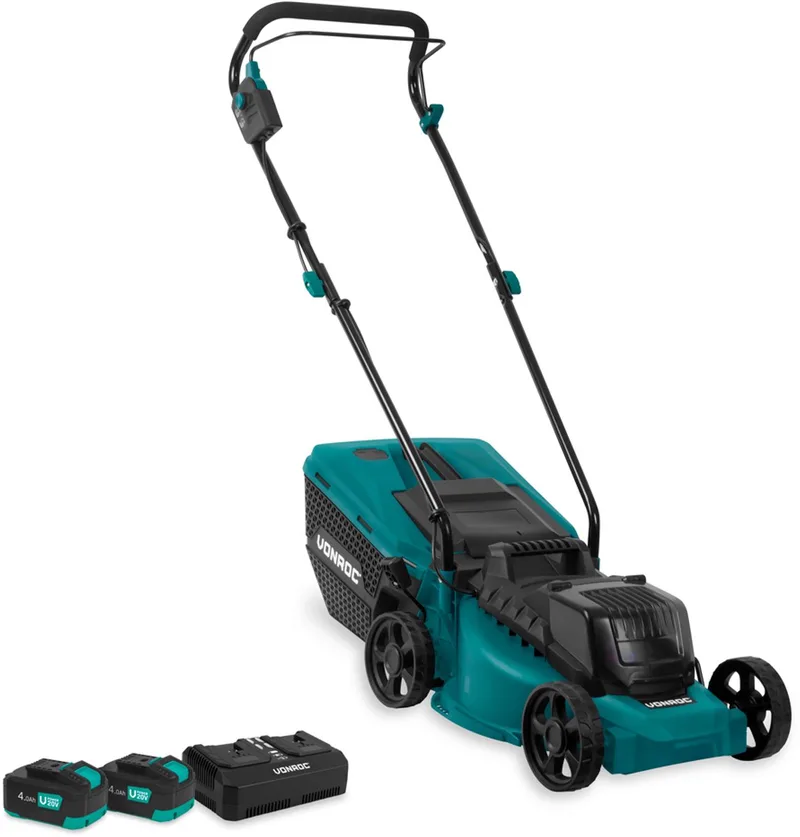 Accu Grasmaaier – 40V – 33 cm maaibreedte – Brushless motor - Vijf instelbare maaihoog-tes: 30/40/50/60/70 mm - Incl. 30L Opvangbak - Incl. 2x 4.0Ah Accu en Dubbele snellader von VONROC – Produktbild