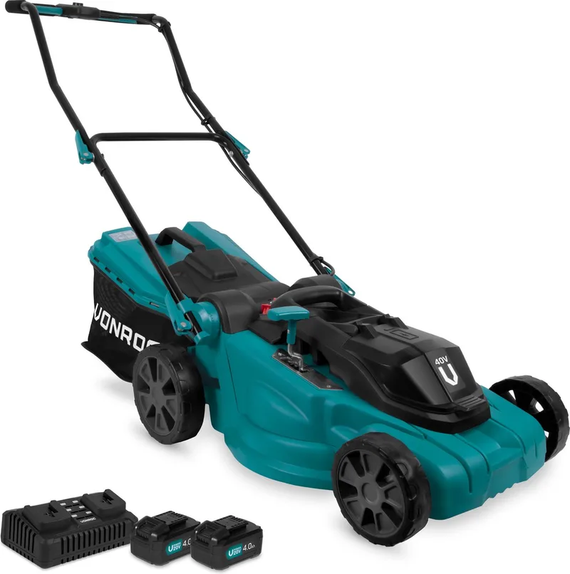 Accu Grasmaaier – 40V – 38 cm maaibreedte - Vier instelbare maaihoogtes: 35/45/55/65 mm - Incl. 45L Opvangbak - Incl. 2x 4.0Ah Accu en dubbele snellader de VONROC – image du produit