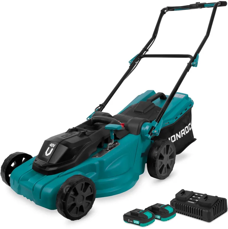 Accu Grasmaaier – 40V – 38 cm maaibreedte - Vier instelbare maaihoogtes: 35/45/55/65 mm - Incl. 45L Opvangbak - Incl. 2x 2.0Ah Accu en dubbele snellader de VONROC – image du produit