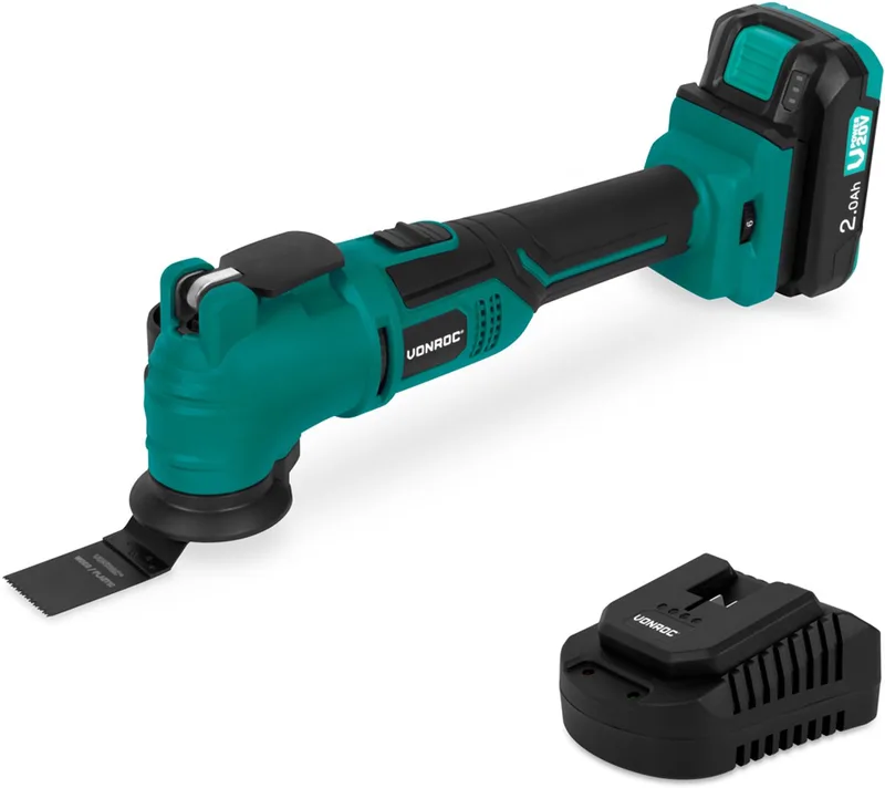 Accu Multitool 20V - met schraapmes, invalzaagblad, schuurzool en schuurpapier - 6 snel-heden: 7.000 - 19.000 rpm - Incl. 2.0Ah accu en snellader by VONROC – product image