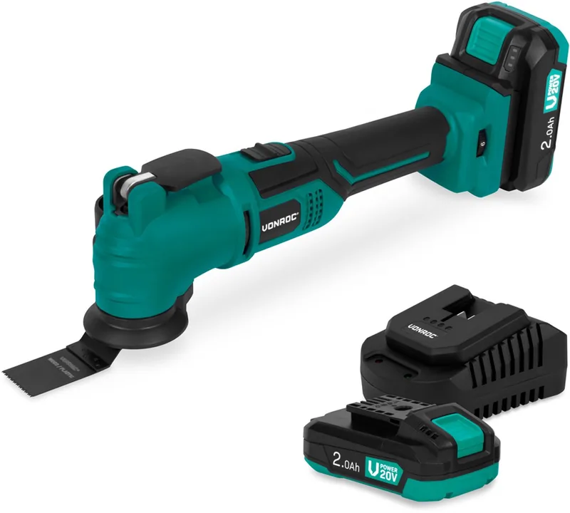 Accu Multitool 20V - met schraapmes, invalzaagblad, schuurzool en schuurpapier - 6 snel-heden: 7.000 - 19.000 rpm - Incl. 2x 2.0Ah accu en een snellader de VONROC – image du produit