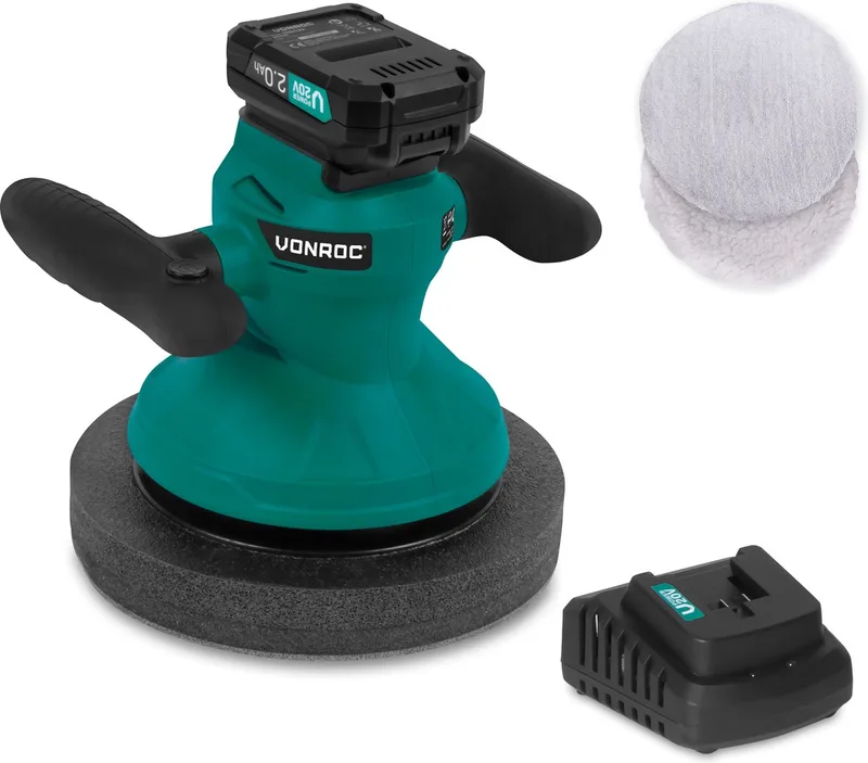 Accu polijstmachine - poetsmachine 20V - Ø240mm – Incl. verstelbare handgrepen, 2 polijsthoezen en opbergtas – Incl. 1x 2.0Ah accu en snellader de VONROC – image du produit