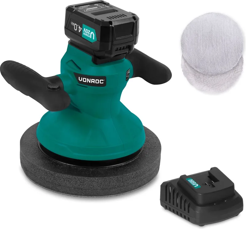 Accu polijstmachine - poetsmachine 20V - Ø240mm – Incl. verstelbare handgrepen, 2 polijsthoezen en opbergtas – Incl. 4.0Ah accu en snellader de VONROC – image du produit