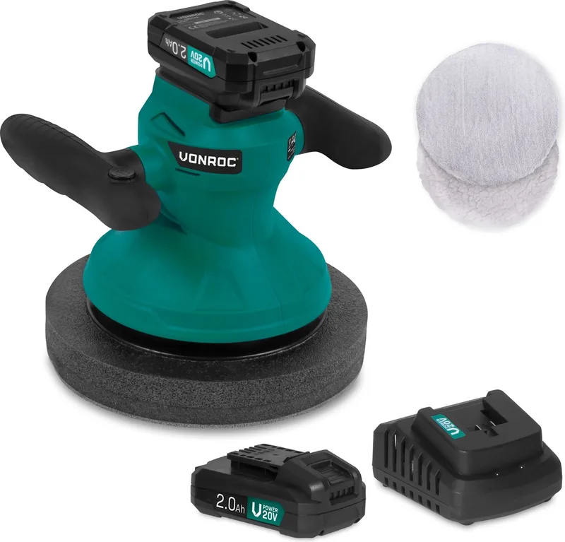 Accu polijstmachine - poetsmachine 20V - Ø240mm – Incl. verstelbare handgrepen, 2 polijsthoezen en opbergtas – Incl. 2x 2.0Ah accu en snellader de VONROC – image du produit