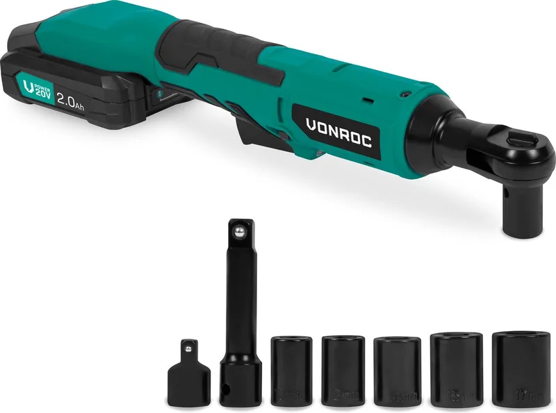 Accu ratelsleutel – 20V – 50Nm – 3/8” – incl. 8-delige doppenset – Incl. 2.0Ah Accu en snellader – ook voor handmatig gebruik – ideaal voor moeilijk te bereiken bouten en moeren. von VONROC, Grün – Produktbild