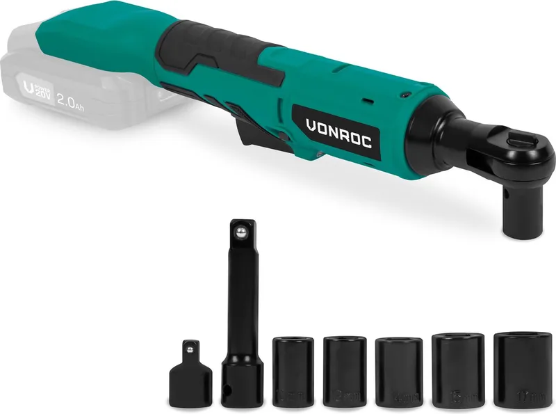 Accu ratelsleutel – 20V – 50Nm – 3/8” – incl. 8-delige doppenset – Zonder accu en snellader – ook voor handmatig gebruik – ideaal voor moeilijk te bereiken bouten en moeren. de VONROC, Vert – image du produit