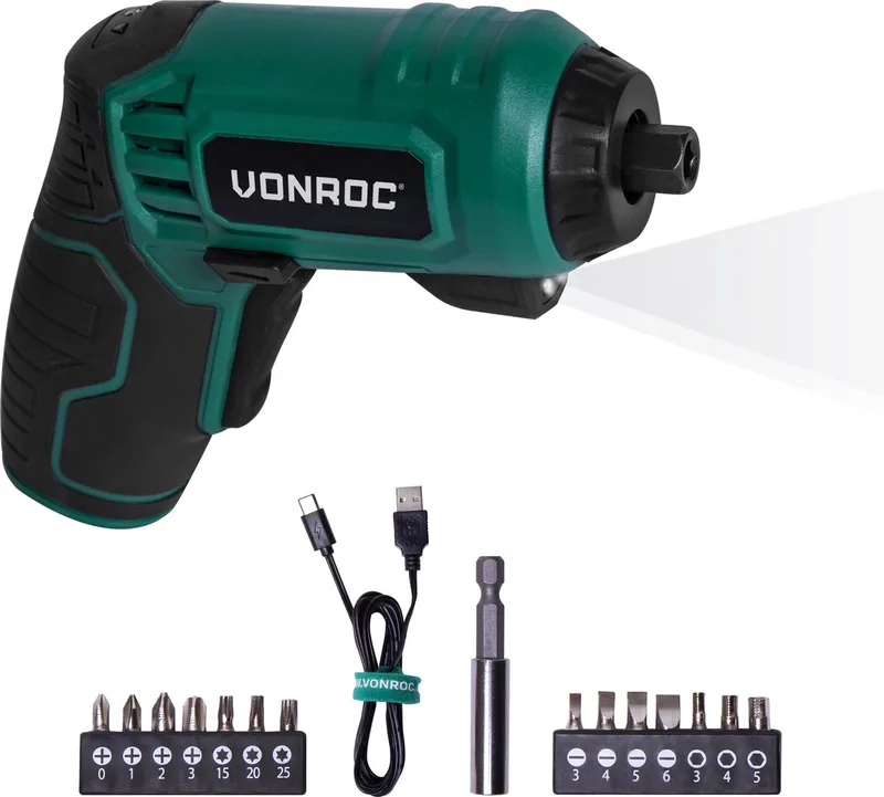 Accu Schroefmachine – 4V – Incl. 14-delige bitset, USB-C oplaadkabel en opbergtas von VONROC – Produktbild