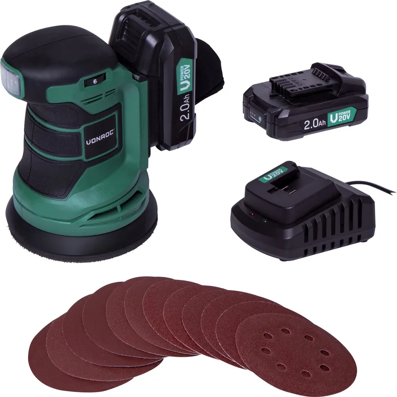 Accu schuurmachine – VPower 20V - Incl. 2x 2.0Ah accu & oplader - Ø125mm - Met stofzak & 12 stuks schuurpapier de VONROC – image du produit