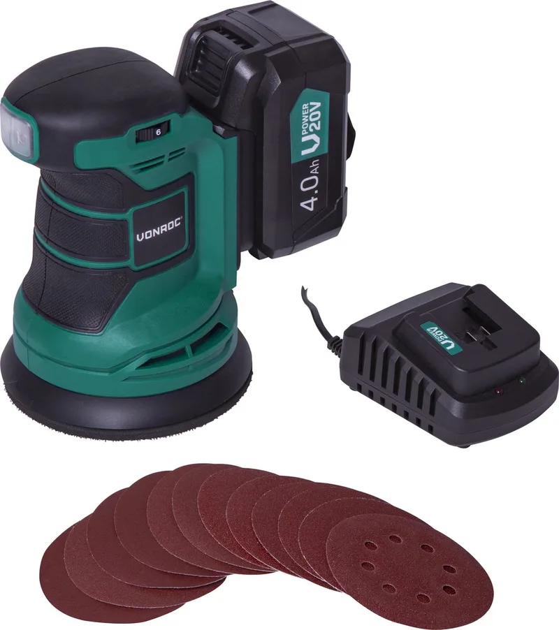 Accu schuurmachine – VPower 20V - Incl. 4.0Ah accu & oplader - Ø125mm - Met stofzak & 12 stuks schuurpapier by VONROC – product image