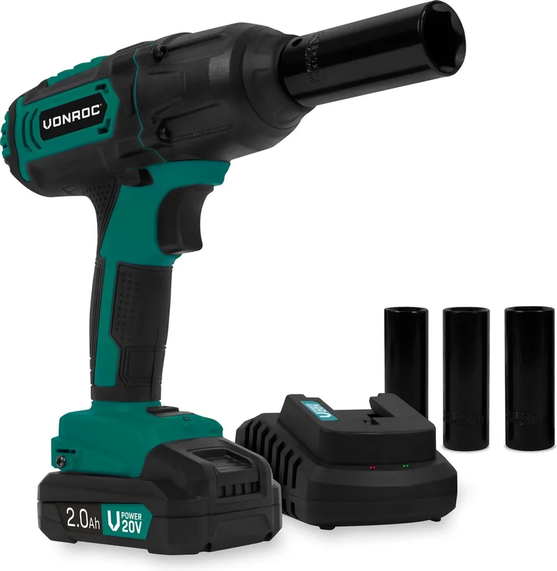 Accu slagmoersleutel 20V – 4 standen: 100/200/300/400Nm - Incl. 4 moerdoppen – geschikt voor het verwisselen van wielbouten en -moeren - Incl. 2.0Ah Accu en snellader von VONROC – Produktbild