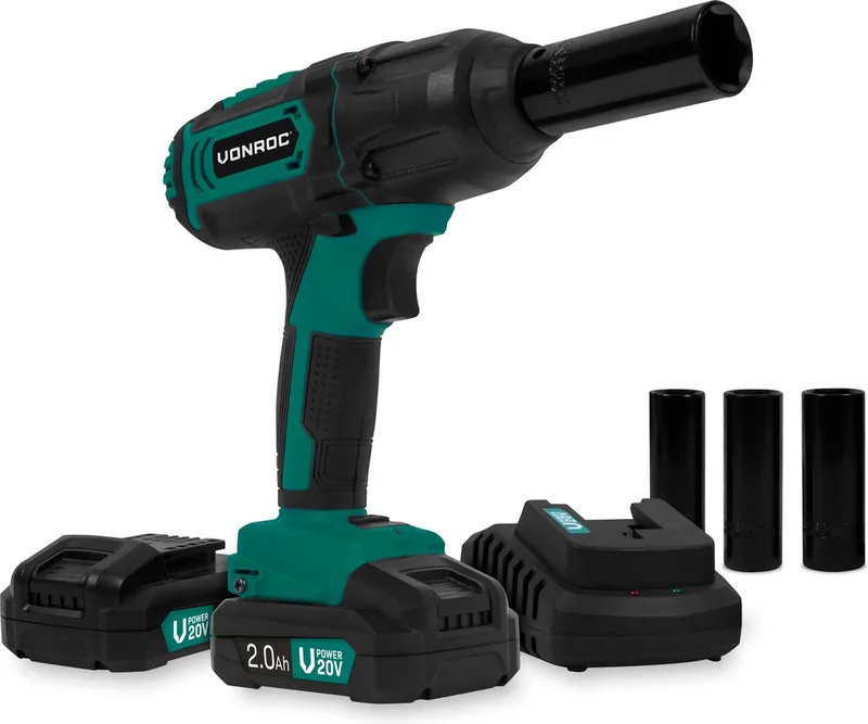 Accu slagmoersleutel 20V – 4 standen: 100/200/300/400Nm - Incl. 4 moerdoppen – geschikt voor het verwisselen van wielbouten en -moeren - Incl. 2x 2.0Ah Accu’s en snellader fra VONROC – produktbillede