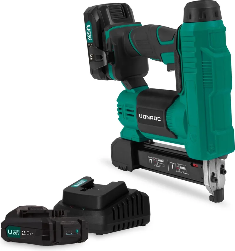 accu tacker – VPower 20V – Incl. 1000 nieten & 1000 spijkers – Incl. 2x 2.0Ah accu en snellader fra VONROC – produktbillede