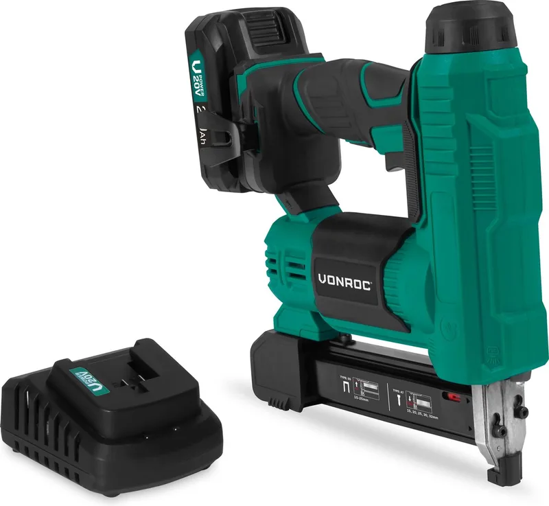 accu tacker – VPower 20V – Incl. 1000 nieten & 1000 spijkers – Incl. 2.0Ah accu en snellader von VONROC – Produktbild