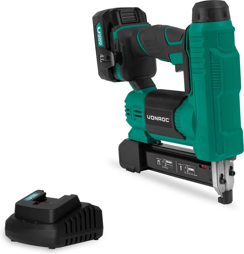 accu tacker – VPower 20V – Incl. 1000 nieten & 1000 spijkers – Incl. 4.0Ah accu en snellader fra VONROC – produktbillede