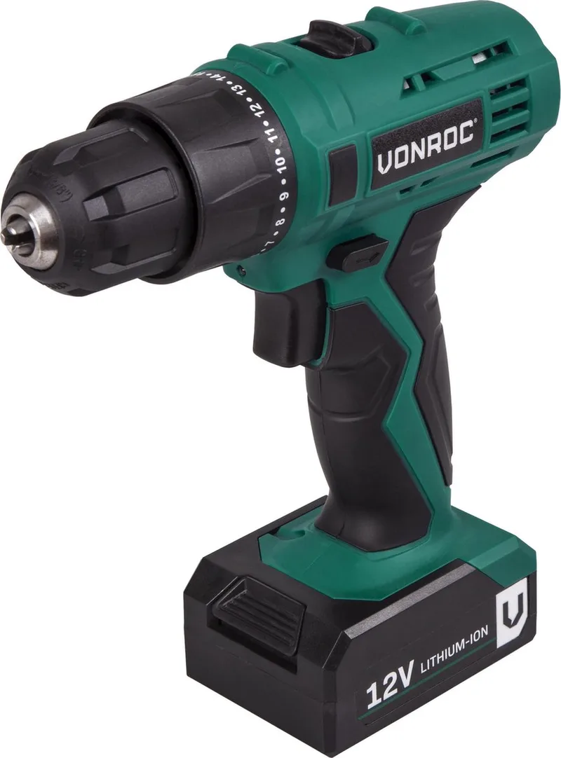 Accuboormachine – 12V Li-Ion – Incl. 2x accu, sneloplader, schroefbits & opbergtas von VONROC – Produktbild