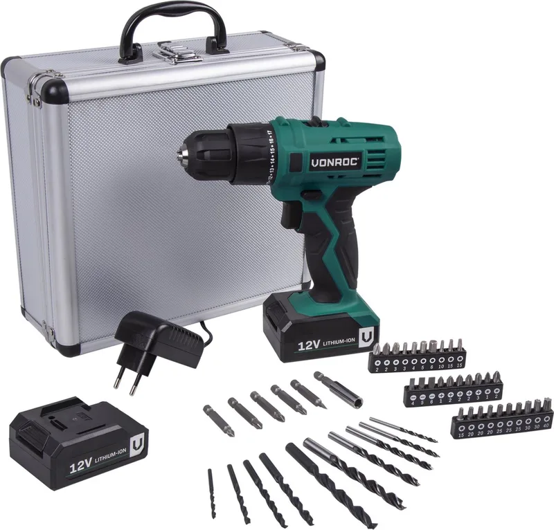 Accuboormachine – 12V Li-Ion – Incl. aluminium opbergkoffer, 46 accessoires, 2x accu & lader de VONROC – image du produit