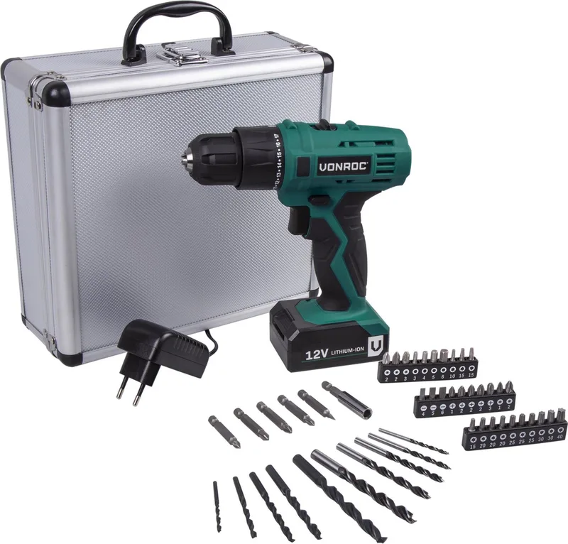 Accuboormachine – 12V Li-Ion – Incl. aluminium opbergkoffer, 46 accessoires, 1x accu & lader från VONROC – produktbild