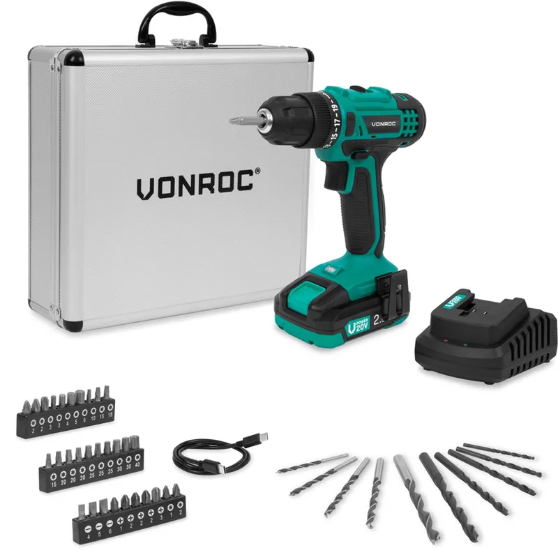 Accuboormachine 20V – 19 schroefstanden + boorstand - Incl. 2.0Ah accu, snellader en 46 accessoires in luxe koffer von VONROC – Produktbild