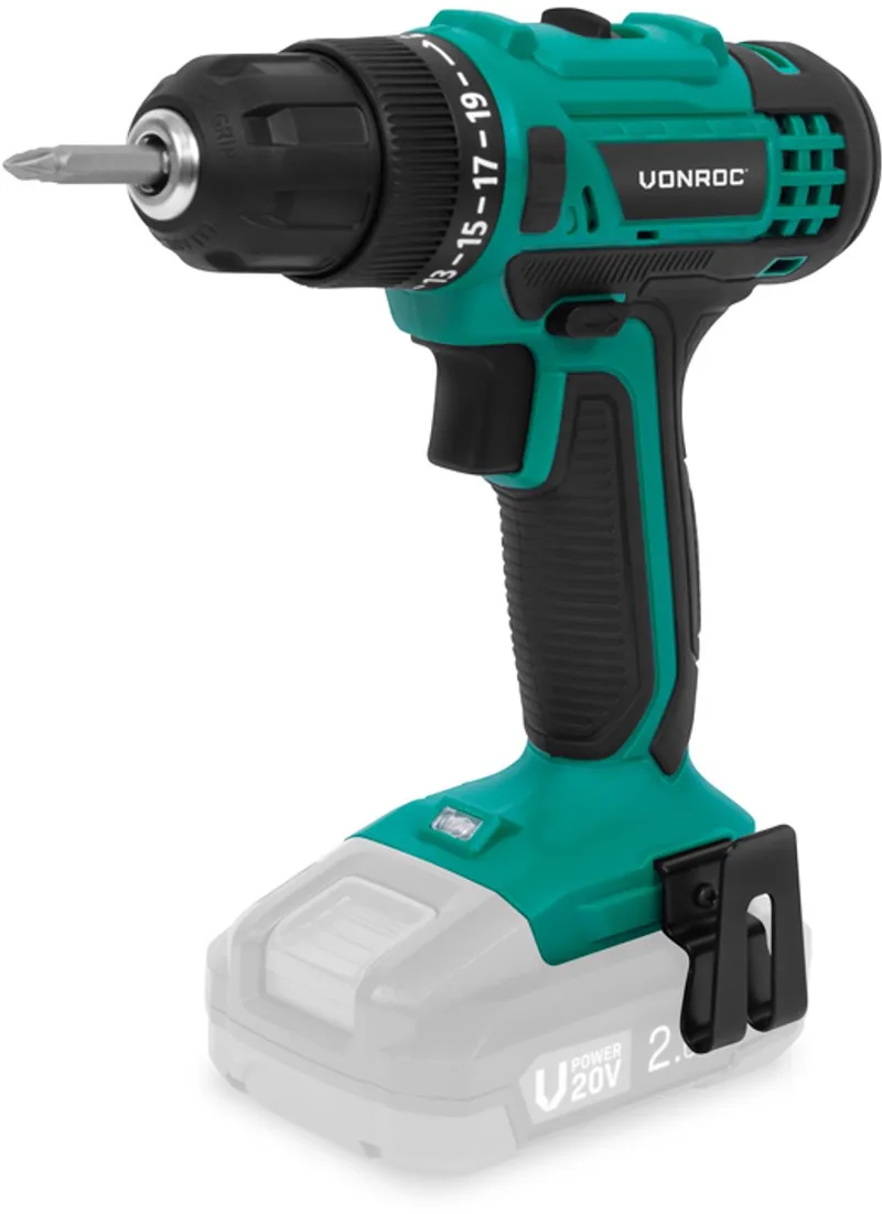 Accuboormachine 20V – 19 schroefstanden + boorstand - Incl. 2 bits - Excl. Accu en snel-lader von VONROC – Produktbild