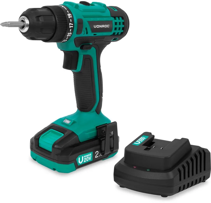 Accuboormachine 20V – 19 schroefstanden + boorstand - Incl. 2 bits - Incl. 2.0Ah Accu en snellader by VONROC – product image