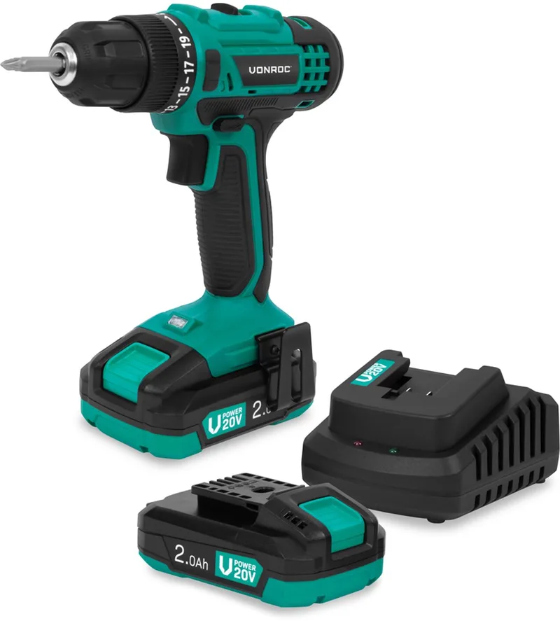 Accuboormachine 20V – 19 schroefstanden + boorstand - Incl. 2 bits - Incl. 2x 2.0Ah Ac-cu’s en snellader von VONROC – Produktbild