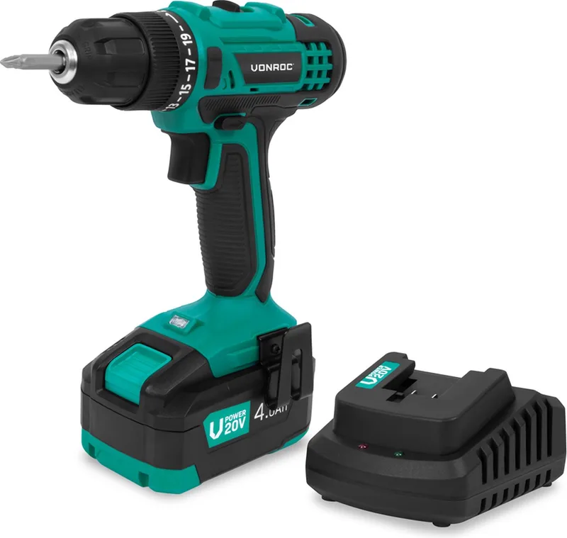Accuboormachine 20V – 19 schroefstanden + boorstand - Incl. 2 bits - Incl. 4.0Ah Accu en snellader fra VONROC – produktbillede