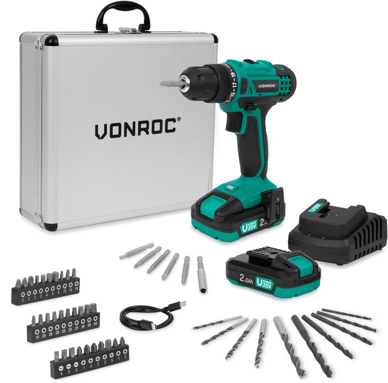 Accuboormachine 20V – 19 schroefstanden + boorstand - Incl. 2x 2.0Ah accu, snellader en 46 accessoires in luxe koffer de VONROC – image du produit