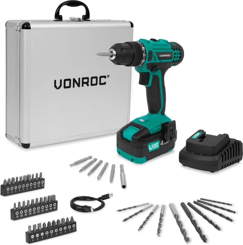 Accuboormachine 20V – 19 schroefstanden + boorstand - Incl. 4.0Ah accu, snellader en 46 accessoires in luxe koffer de VONROC – image du produit