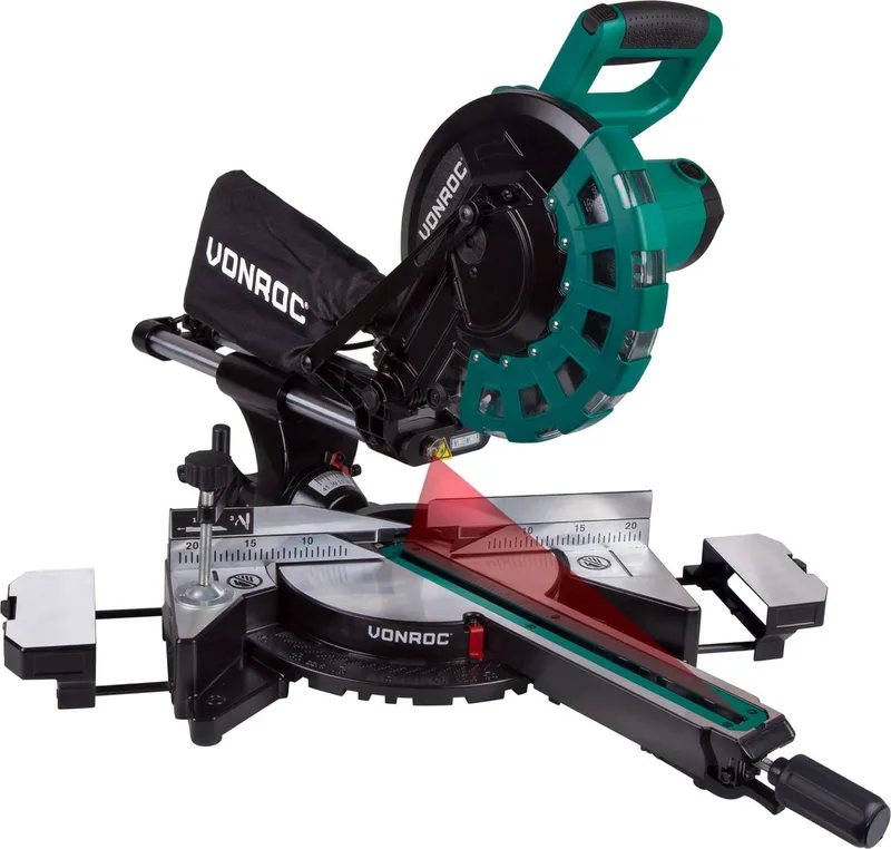 Afkortzaag- kapzaag - verstekzaag – 2200W – Ø254MM – 4500 r/min - Verstelbare tafelverbreders – Zaagcapaciteit 340mm - Trekfunctie – Lengtestop – Kantelbaar (0-45°) - Incl. 60 tands zaagblad, werkstukklem, lasergeleiding & LED werkverlichting van VONROC – productafbeelding