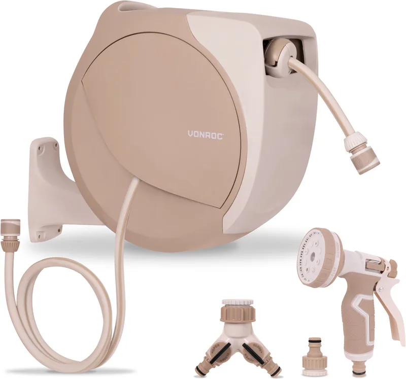Automatische slanghaspel – wandslangbox – Incl. 20m premium tuinslang, 8-standen broespistool en koppelingen de VONROC, Beige – image du produit