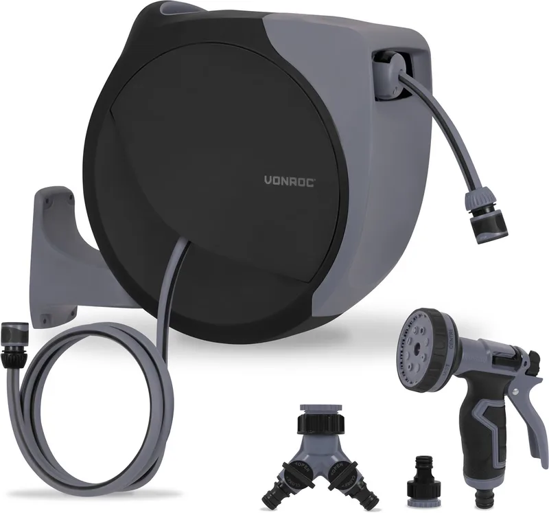 Automatische slanghaspel – wandslangbox – Incl. 20m premium tuinslang, 8-standen broespistool en koppelingen – zwart/grijs de VONROC, Gris, Noir – image du produit