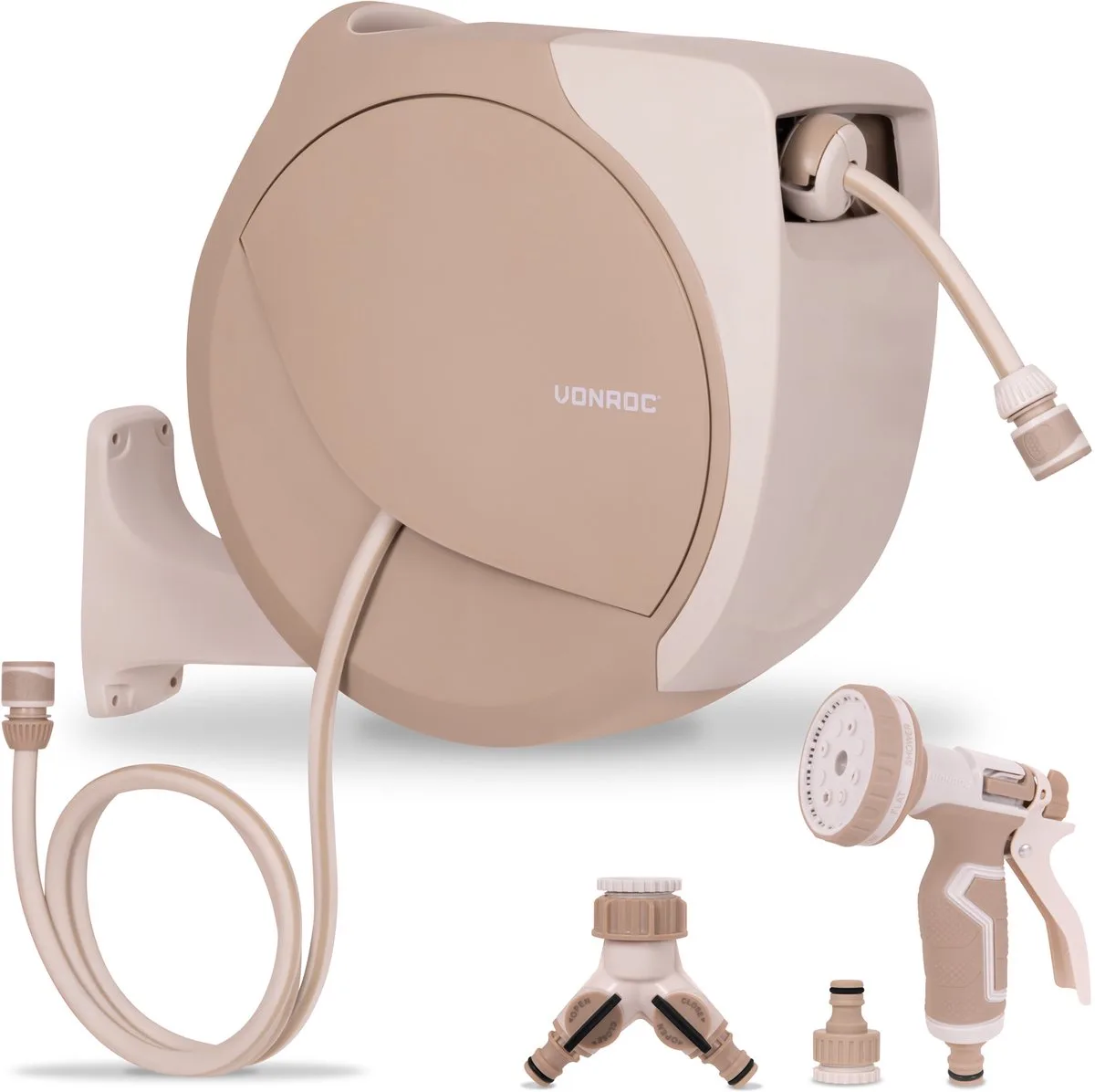 Automatische slanghaspel – wandslangbox – Incl. 30m premium tuinslang, 8-standen broespistool en koppelingen de VONROC, Beige – image du produit
