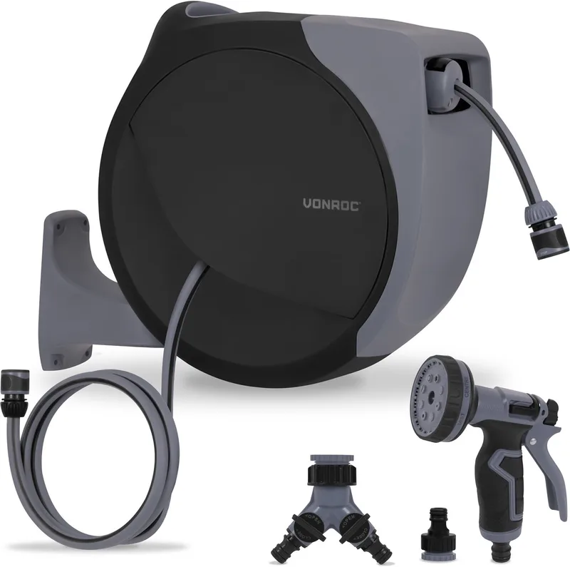 Automatische slanghaspel – wandslangbox – Incl. 30m premium tuinslang, 8-standen broespistool en koppelingen – zwart/grijs von VONROC, Grau, Schwarz – Produktbild