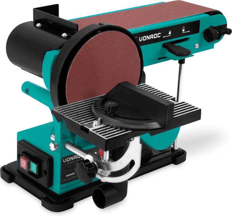 Band- en schijfschuurmachine 350W – Incl. 2x Schuurband 100 x 915 mm (P80 & P120) en 2x Schuurschijf Ø150 mm (P80 & P120) van VONROC – productafbeelding
