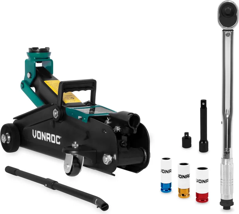 Bandenwisselset – Autokrik 2000 kg – Momentsleutel ½” – Incl. 3-delige doppenset de VONROC, Vert – image du produit