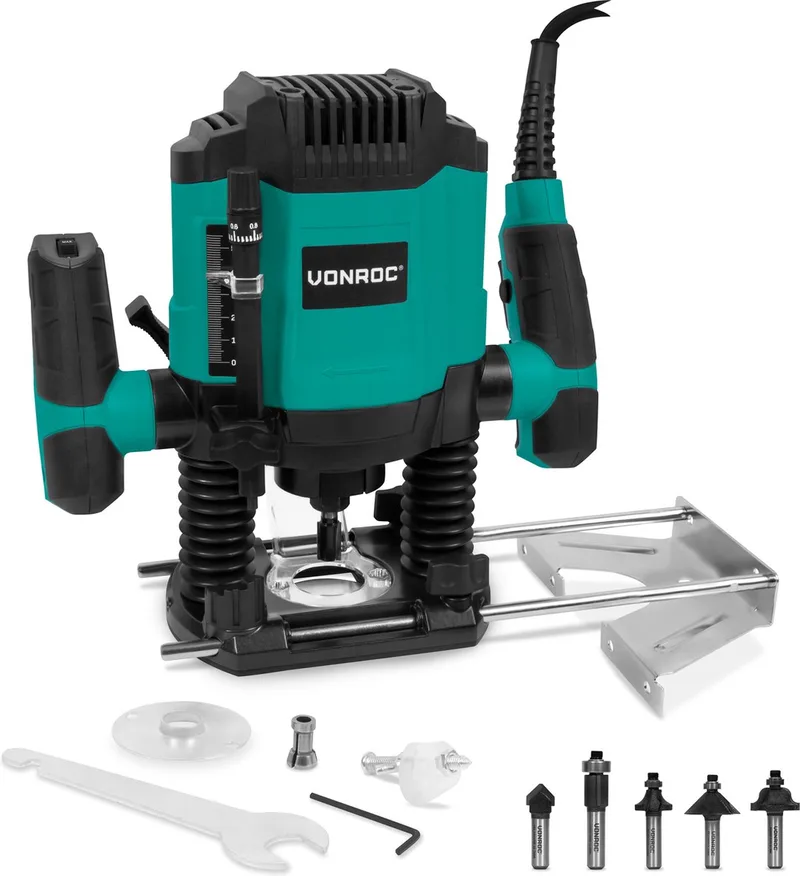 Bovenfrees 1200W – 6-8mm – Variabel toerental 16.000 – 30.000 rpm – Incl. 6-delige freesset, malgeleider, parallelgeleider en centreerpen von VONROC, Grün – Produktbild