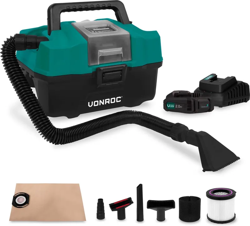 Compacte alleszuiger / stofzuiger - 20V - Incl. Diverse accessoires, 2x 2.0Ah accu en snellader van VONROC – productafbeelding