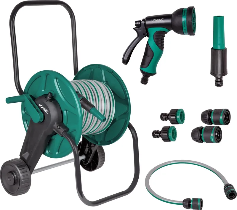 complete slangenwagen set | Incl. 20m tuinslang, 3 sproeistukken, slangkoppelingen en kraanaansluiting by VONROC, Groen – Compleet – product image