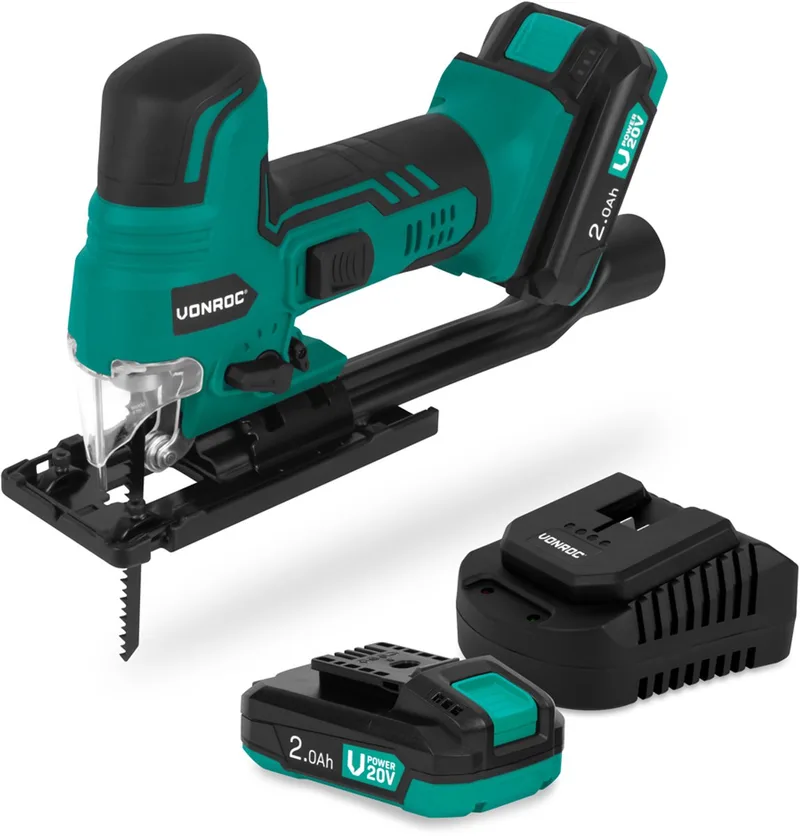 decoupeerzaag 20V – Ergonomische T-handgreep – Instelbare snelheid, pendelstand & zaaghoek – Incl. twee zaagbladen - Incl. 2x 2.0Ah accu en een snellader van VONROC – productafbeelding