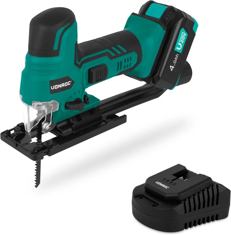 decoupeerzaag 20V – Ergonomische T-handgreep – Instelbare snelheid, pendelstand & zaaghoek – Incl. twee zaagbladen - Incl. 4.0Ah accu en een snellader van VONROC – productafbeelding