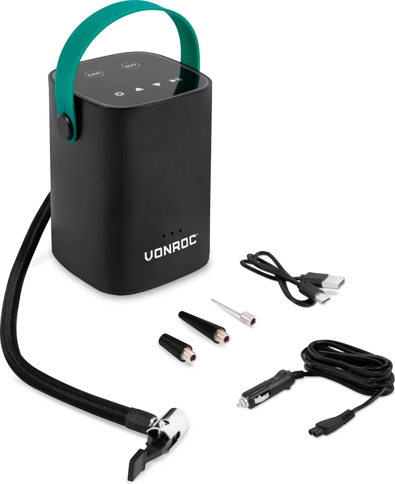 Draadloze mini compressor 12V - Ingebouwde 2.0Ah accu - Digitaal display / manometer by VONROC, Black – product image
