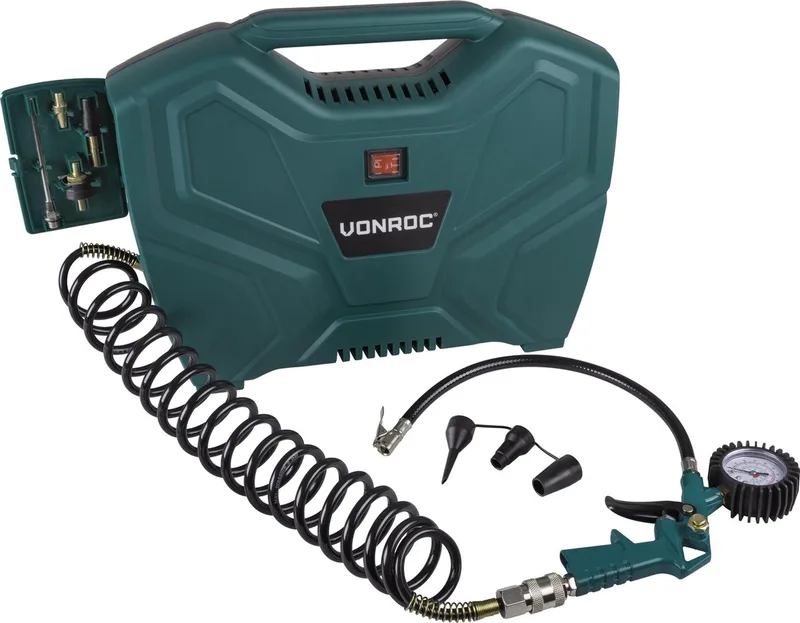 Draagbare Compressor – 1100W – 8 bar – Olievrij – 180 l/m – Incl. 11 accessoires de VONROC, Vert – image du produit